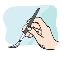 closeup hand holding paintbrush illustration vector hand drawn isolated on white background line art.