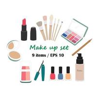 Set of 9 make up products isometric vector in color. Make up icons for your web. Make up concept.