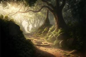 Dense forest with stone path, sun rays and fog. Digital illustration. AI photo