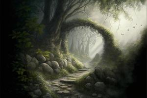 Dense forest with stone path, sun rays and fog. Digital illustration. AI photo