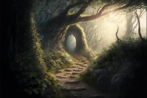 Dense forest with stone path, sun rays and fog. Digital illustration. AI photo