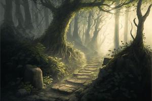 Dense forest with stone path, sun rays and fog. Digital illustration. AI photo