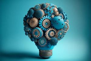 Light bulb with gears, concept of ideas, background. Digital illustration. AI photo