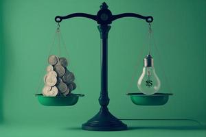 Scales with light bulb on one side and money on the other, concept of ideas and innovation, background. Digital illustration. AI photo