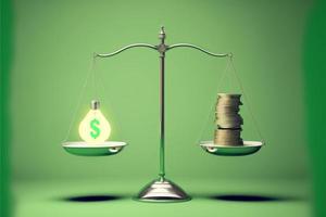 Scales with light bulb on one side and money on the other, concept of ideas and innovation, background. Digital illustration. AI photo