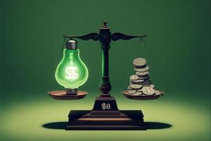 Scales with light bulb on one side and money on the other, concept of ideas and innovation, background. Digital illustration. AI photo