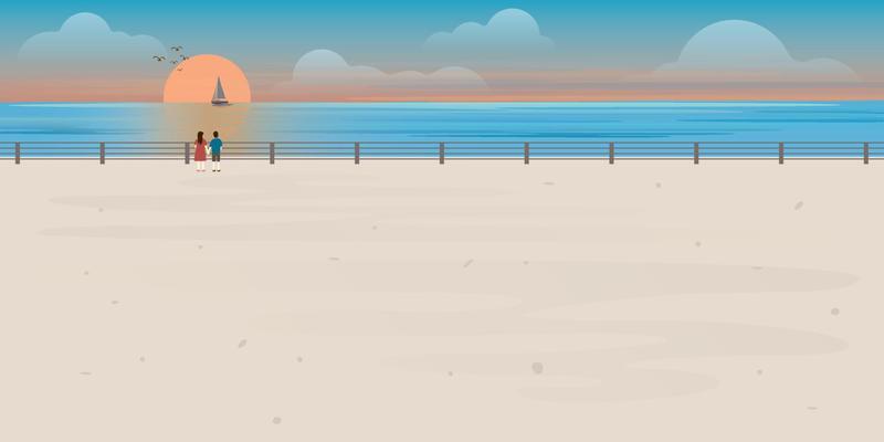 Couple of lover looking sunset at view point of ocean vector illustration. Landscape of coast beautiful sea shore with sunset flat design illustration.