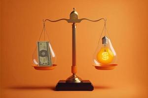 Scales with light bulb on one side and money on the other, concept of ideas and innovation, orange background. Digital illustration. AI photo