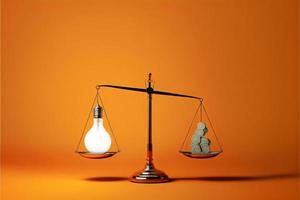 Scales with light bulb on one side and money on the other, concept of ideas and innovation, orange background. Digital illustration. AI photo