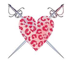 T-shirt design of a heart with animal print and two crossed medieval swords. vector