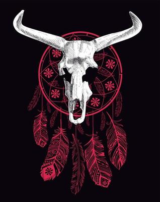 design for t-shirt of the skeleton of an animal with horns on a dream catcher isolated on black. Extinct animal called aurochs