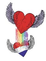 T-shirt design of a winged heart with the colors of the flag of the Netherlands and a rainbow. Vector illustration for gay pride day.