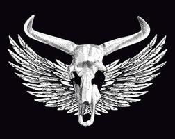 t-shirt design of an animal skull with horns and outstretched wings on a black background. vector