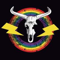 t-shirt design of an animal skeleton with horns and a circular rainbow with signs of thunder. Aurochs head vector