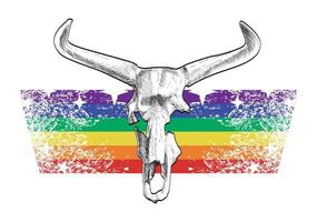 skeleton of an animal with horns over horizontal rainbow. vector