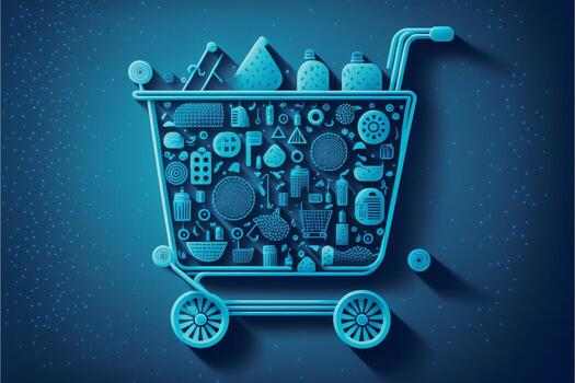 Background with shopping cart icon, sales concept. AI photo