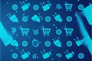 Background with shopping cart icon, sales concept. AI photo