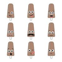 Set of nine chocolate ice cream with different emoji characters on white background. Vector illustration