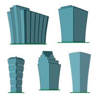 Set of five modern high-rise building on a white background. View of the building from the bottom. Isometric vector illustration.