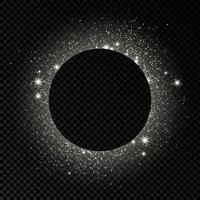 Silver circle frame with glitter, sparkles and flares on dark background. Empty luxury backdrop. Vector illustration.