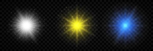 Light effect of lens flares. Set of three white, yellow and blue glowing lights starburst effects with sparkles vector