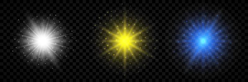 Light effect of lens flares. Set of three white, yellow and blue glowing lights starburst effects with sparkles