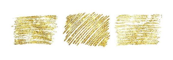 Set of three golden paint glittering backdrops on a white background. Background with gold sparkles and glitter effect. Empty space for your text. Vector illustration