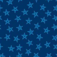 Seamless background of doodle stars. Blue hand drawn stars on blue background. Vector illustration