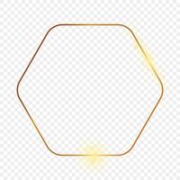 Gold glowing rounded hexagon frame isolated on background. Shiny frame with glowing effects. Vector illustration.