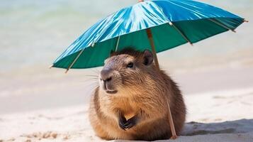 cute capybara under beach sun umbrella resting on shore of sea or river animals theme Hydrochoerus hydrochaeris photo