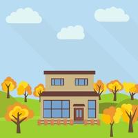 Lone two-storey house in a field with an yellow tree. Vector illustration.