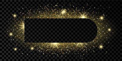 Golden frame with glitter, sparkles and flares on dark background. Empty luxury backdrop. Vector illustration.