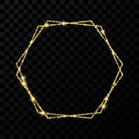 Gold double hexagon frame. Modern shiny frame with light effects isolated on dark background. Vector illustration.