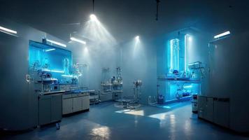 Abstract scientific medical interior blurred background. Blue light. Medical research concept. Ai render. photo