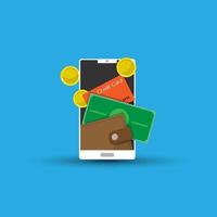 Vector flat style of digital wallet , credit card, cash coin on the smartphone, blue background background, finance technology and online activity payment concept, copy space for individual text