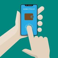 Vector flat style of hands touch for fingerprint on screen for connect digital wallet green background, financial security unlock for internet online payment concept, copy space for individual text