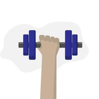 Vector flat style hand lifting dumbbell on white background, fitness gym lose weight muscle workout concept, copy space for individual text and design, editable shape and object for design and text