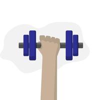 Vector flat style hand lifting dumbbell on white background, fitness gym lose weight muscle workout concept, copy space for individual text and design, editable shape and object for design and text