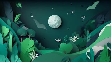 ai generado moderno composición planeta tierra en verde plantas con el Luna antecedentes internacional tierra día naturaleza conservación concepto generativo ai foto