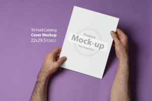 Male hands holding a closed tri-fold catalog with blank cover on purple background psd