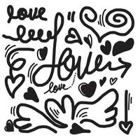 hand drawn doodles set for Valentine's Day. collection of beautiful hearts and writings Love on white background. Vector illustration.