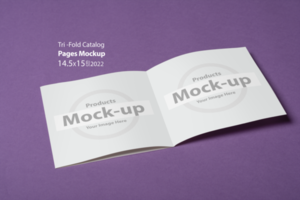 An opened square size tri fold catalog on purple background psd