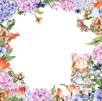 Watercolor square flower frame in cartoon style with a cute girl doll in a dress. Cartoon hand drawn background with flower princess and yellow flowers for kids design. Perfect for wedding invitation. png
