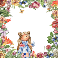 vattenfärg fyrkant blomma ram i tecknad serie stil med en söt flicka docka i en klänning. tecknad serie hand dragen bakgrund med blomma prinsessa och gul blommor för barn design. perfekt för bröllop inbjudan. png
