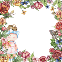 Watercolor square flower frame in cartoon style with a cute girl doll in a dress. Cartoon hand drawn background with flower princess and yellow flowers for kids design. Perfect for wedding invitation. png