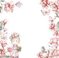 acquerello piazza fiore telaio nel cartone animato stile con un' carino ragazza Bambola nel un' vestire. cartone animato mano disegnato sfondo con fiore Principessa e giallo fiori per bambini design. Perfetto per nozze invito. png