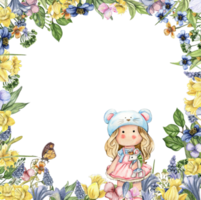 Watercolor square flower frame in cartoon style with a cute girl doll in a dress. Cartoon hand drawn background with flower princess and yellow flowers for kids design. Perfect for wedding invitation. png