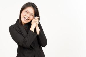 Happy Face Of Beautiful Asian Woman Wearing Black Blazer Isolated On White Background photo