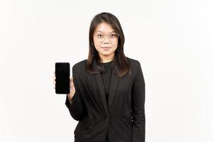 Showing Apps or Ads On Blank Screen Smartphone Of Beautiful Asian Woman Wearing Black Blazer photo
