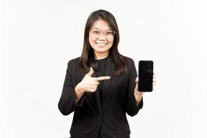 Showing Apps or Ads On Blank Screen Smartphone Of Beautiful Asian Woman Wearing Black Blazer photo